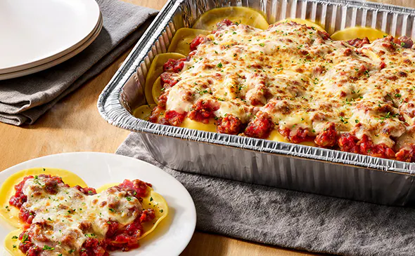 Cheese Ravioli with Marinara or Meat Sauce (Serves 4 – 6)